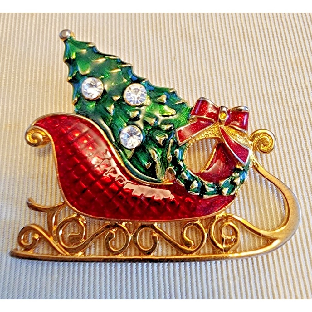 VIntage Eisenberg Ice Chrsitmas Sleigh with Christmas Tree brooch /Pin Gold Tone
